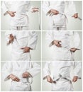 Aikidoka belt tying step by step pictures Royalty Free Stock Photo