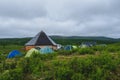 Ail traditional Altaic houses and tourist tents around Royalty Free Stock Photo