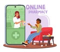 Ailing Woman Orders Medicine From An Online Pharmacy. Female Character Seeking Relief From Illness, Vector Illustration