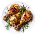 Roasted chicken drumsticks on a white plate. Generative AI Royalty Free Stock Photo