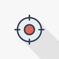 Aim, goal, target thin line flat color icon. Linear vector symbol. Colorful long shadow design.