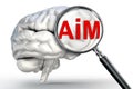 Aim word on magnifying glass and human brain