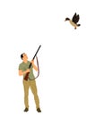 Aiming hunter man with rifle shooting duck flying on the sky vector silhouette illustration isolated.