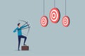 Aiming for many targets or goals in one shot, multitasking or multi purpose strategy, skillful businessman aiming multiple bows on