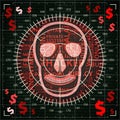 Aiming at skull with hacker related words on binary code background with dollar signs