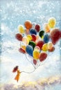Ainting happiness concept, positive emotions, happy girl with multicolored balloons enjoying on clouds in sky Royalty Free Stock Photo