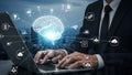 AIPowered Business Solutions Businessman Using Laptop with Brain Interface for Smart Technology and Innovations Royalty Free Stock Photo