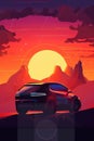 An AIpowered car from the future driving in front of a sunset with the driver taking in the view. . AI generation Royalty Free Stock Photo