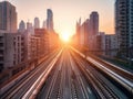 AIpowered cityscape at sunset with automated transportation Royalty Free Stock Photo