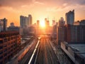 AIpowered cityscape at sunset with automated transportation Royalty Free Stock Photo