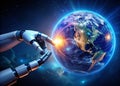 AIPowered Global Connectivity A Futuristic Robot Hand Manipulates a Digital Earth Globe Unveiling Generative AIs Impact