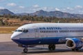 An Air Austral Boeing 737 supplying on the runway at Antananarivo airport in Madagascar on April 29, 2019