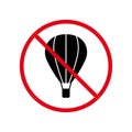Air Balloon Basket Ban Black Silhouette Icon. Warning Hot Air Ballon Zone Forbid Pictogram. Caution Hotair Baloon
