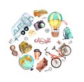 Air balloon, bicycle, trailer, suitcase, touristic backpack, globe, compass, postal stamps. Travel card, tourist poster