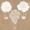 Air balloon-flowers. Monochrome vector illustration of three different variants on kraft paper. Sketch, isolated elements