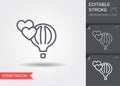 Air balloon and hearts. Line icon with shadow and editable stroke