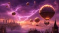 air balloon in night A steampunk lightning storm over a city in purple light. The city is a floating island Royalty Free Stock Photo