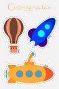 Air balloon, rocket and submarine in cartoon style, cutting practice, education game for the development of preschool children,