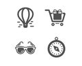 Air balloon, Shopping cart and Sunglasses icons. Travel compass sign. Vector