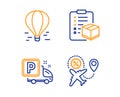 Air balloon, Truck parking and Parcel checklist icons set. Flight sale sign. Vector