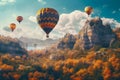 Air balloons above mountain and forest. Generative AI