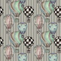 Air balloons collections seamless vintage circus watercolor hand drawn repeatable pattern illustration