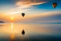 Air balloons flying over beautiful landscape Sea with Lovely Sky & Sun Setting. Royalty Free Stock Photo