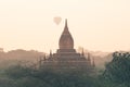 Air balloons flying over the pagoda at Bagan temple complex in Myanmar