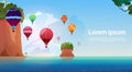 Air Balloons Flying Over Summer Sea Landscape Mountain Rocks Blue Water Royalty Free Stock Photo