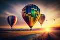 Air balloons flying in the sky, travel destination, beautiful colorful inspirational landscape with hot flying air balloons