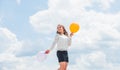 Air balloons for party. Cheerful girl have fun. Summer holidays and vacation. Childhood happiness. Joyful teen celebrate Royalty Free Stock Photo