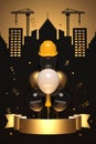 Air balloons with protective helmets on an urban silhouette background.