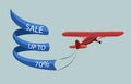 Air banner with single engine turboprop plane. Sale template Royalty Free Stock Photo