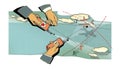 Air battle. Three men`s hands with airplane control panels in flight, in peak and in a bend among clouds and lines of the route.