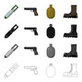 An air bomb, a pistol, a soldier`s flask, an army boot. The military and the army set collection icons in cartoon black