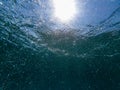 Air bubbles in blue clean water sea surface under water