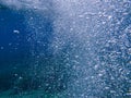 Air bubbles in blue water - underwater life off the Kastos island coast, Ionian Sea, Greece - abstract background. Royalty Free Stock Photo