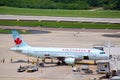 Air Canada plane with busy grounds crew