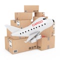 Air Cargo Concept. Cartoon Toy Jet Airplane with Cargo Sign near Royalty Free Stock Photo