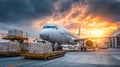 Air cargo logistic containers are loading to airplane transport shipment Royalty Free Stock Photo