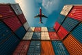 Cargo Plane Flying Above Colorful Shipping Containers Royalty Free Stock Photo