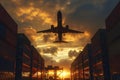 Cargo Plane Flying Above Colorful Shipping Containers Royalty Free Stock Photo