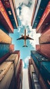 Cargo Plane Flying Above Colorful Shipping Containers Royalty Free Stock Photo