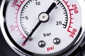 Air compressor with bar and psi manometer. Pressure gauge measurement