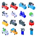 Air compressor icons set, isometric style