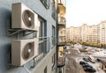 Air condiioners on fasade of reidenial apartmen building. Royalty Free Stock Photo