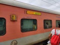 Air conditioned first class train coach of Rajdhani Express at the main platform of Railway station. Royalty Free Stock Photo