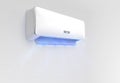 Air conditioner with cold wind waves flow 3d render. Split system for home and office with blue refreshing conditioning