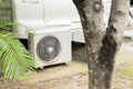 An air conditioner compressor unit installed on the outside of the RV accommodation in a resort Royalty Free Stock Photo