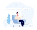 Air conditioner concept. Young man sitting in home chair under air conditioning system. summer room cooling and cleaning Royalty Free Stock Photo